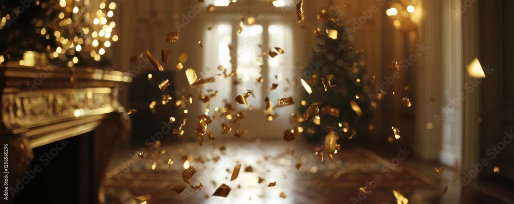 Golden confetti in elegant room with christmas tree and soft lighting Golden confetti in elegant room with christmas tree and soft lighting