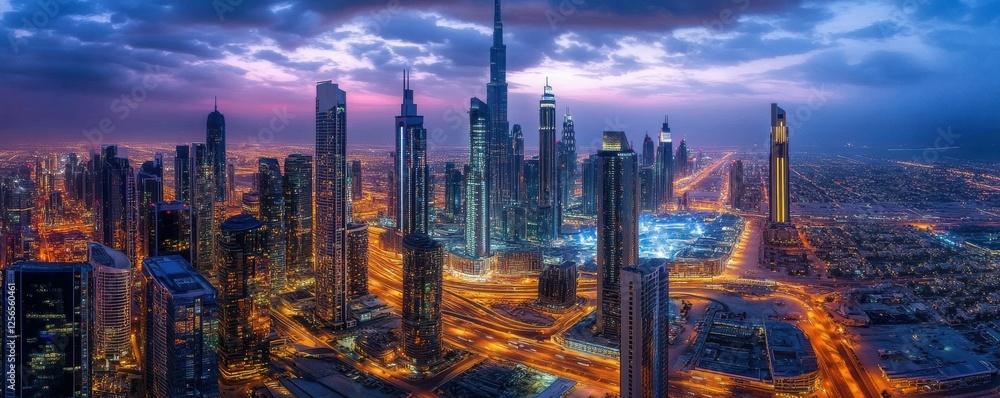 Fototapeta premium Stunning dusk skyline of dubai with illuminated skyscrapers
