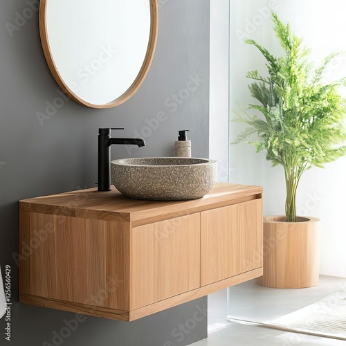 Floating vanity made of teak wood, paired with a minimalist stone vessel sink photo