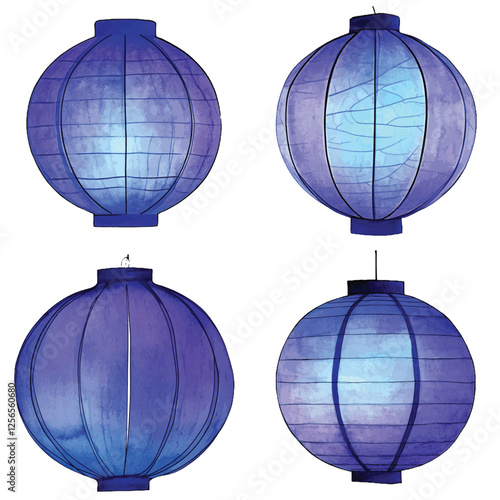 Red lantern watercolor set hand drawn