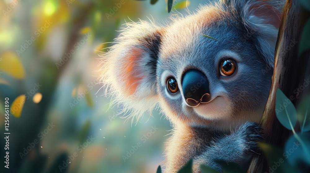 Adorable koala cub in eucalyptus tree, sunlight dappled forest, wildlife habitat, perfect for children's book Adorable koala cub in eucalyptus tree, sunlight dappled forest, wildlife habitat, perfect for children's book
