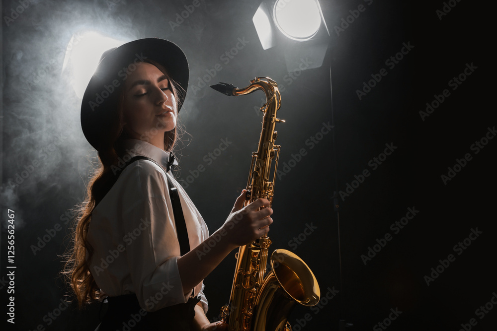 Naklejka premium Professional musician playing saxophone on dark background with lights and smoke. Space for text