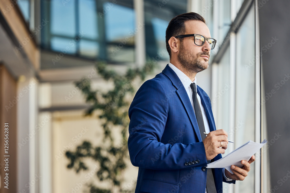 Fototapeta premium Confident Businessman Thinking While Holding Documents in a Modern Office Environment