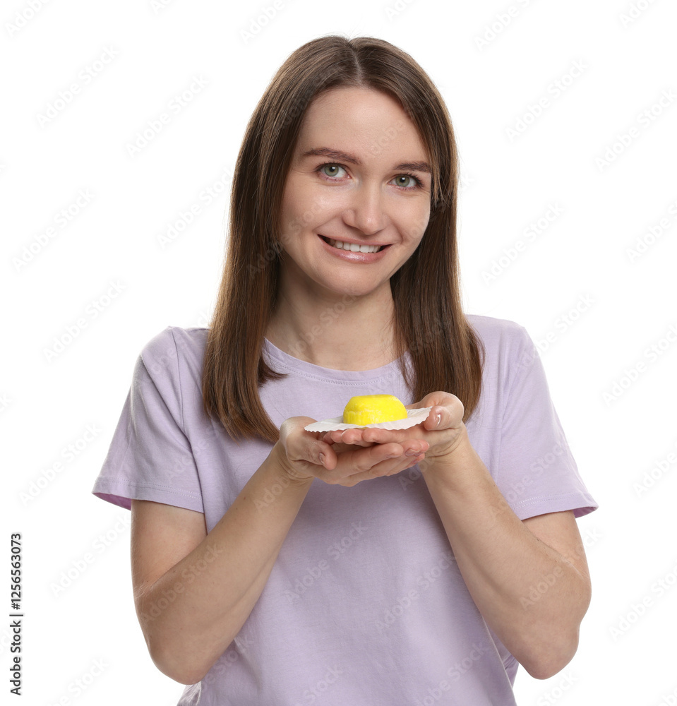 Woman with tasty mochi on white background Woman with tasty mochi on white background