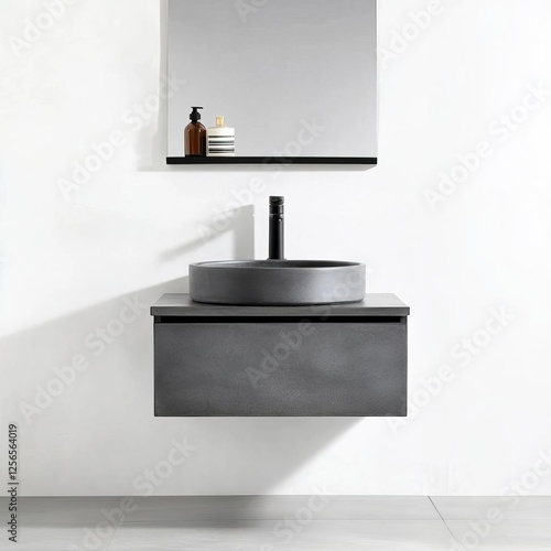 Floating vanity with a smooth slate-gray texture, evoking an industrial feel photo