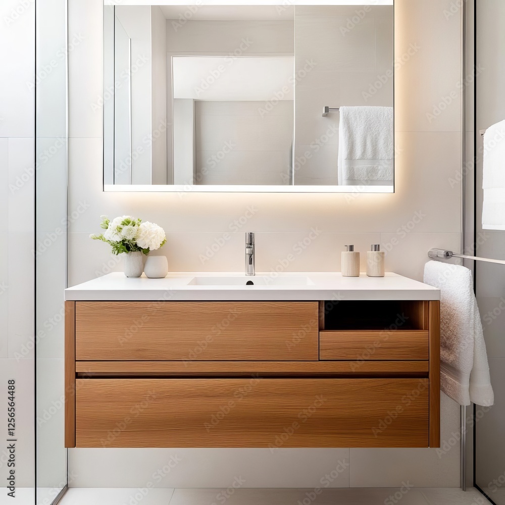 Fototapeta premium Floating vanity with a soft-close drawer system and hidden storage compartments