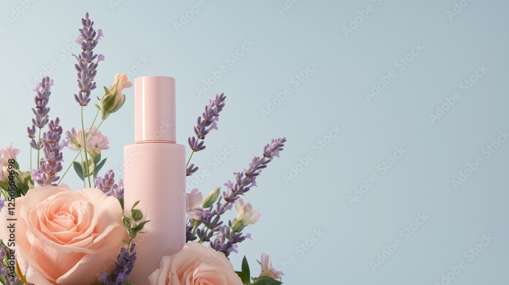 Pink Bottle with Lavender and Roses: A soft pink cosmetic bottle is nestled amidst delicate pink roses and fragrant lavender. Pink Bottle with Lavender and Roses: A soft pink cosmetic bottle is nestled amidst delicate pink roses and fragrant lavender.