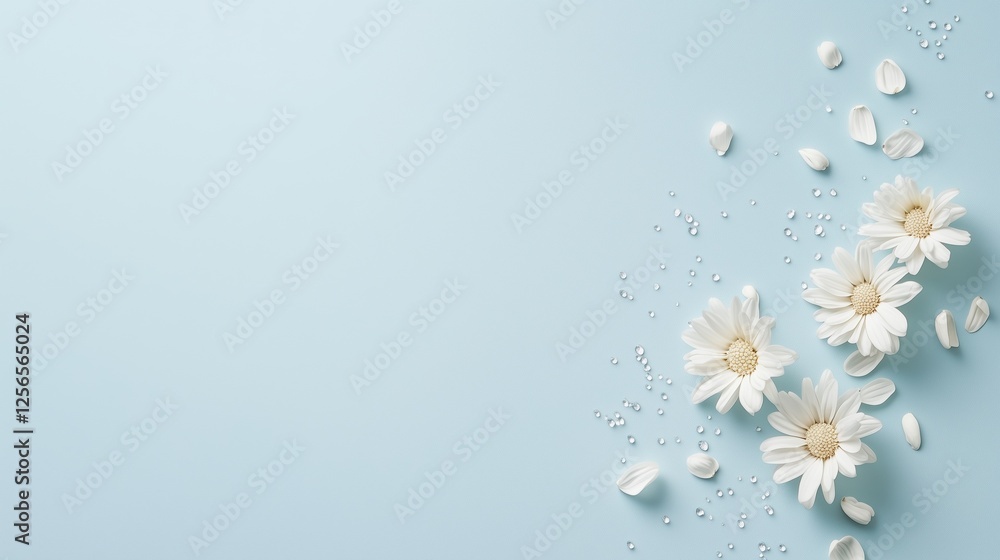 Delicate Daisies on Blue: A serene and minimalist composition featuring delicate white daisies scattered across a soft, light blue background, creating a peaceful and calming aesthetic. Delicate Daisies on Blue: A serene and minimalist composition featuring delicate white daisies scattered across a soft, light blue background, creating a peaceful and calming aesthetic.