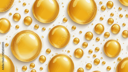 Golden Drops Abstract: An abstract pattern of gleaming, golden drops on a smooth, white background.  The drops, in various sizes, create a visually captivating, mesmerizing.