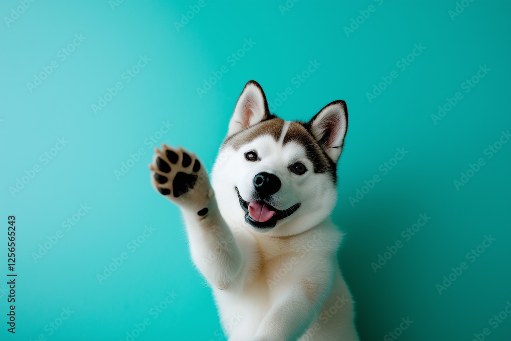 Cute puppy Siberian Husky dog on a fluffy turquoise background, adorable and happy pet picture Cute puppy Siberian Husky dog on a fluffy turquoise background, adorable and happy pet picture