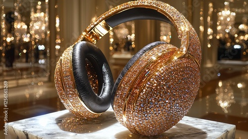 pair of opulent headphones featuring gold accents and black leather is showcased on marble pedestal. soft lighting highlights their intricate diamond embellishments radiating sophistication.