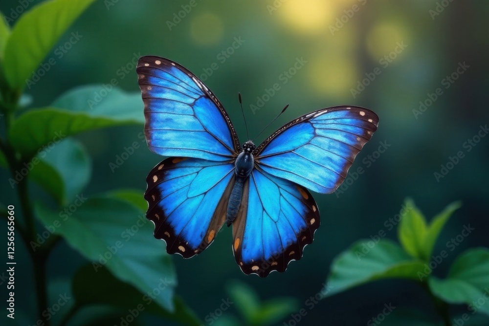 Blue butterfly in mid-air with wings spread, flight, airy Blue butterfly in mid-air with wings spread, flight, airy