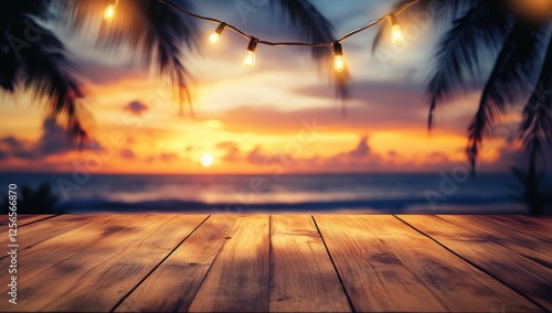 Sunset Tropical Beach Paradise  Wooden Deck  Palm Trees  and String Lights
