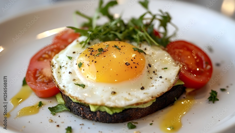 Healthy Fried Egg on Avocado Toast with Tomato Slices, Fresh Greens, and Herbs, Served on a Plate with Soft Lighting Healthy Fried Egg on Avocado Toast with Tomato Slices, Fresh Greens, and Herbs, Served on a Plate with Soft Lighting