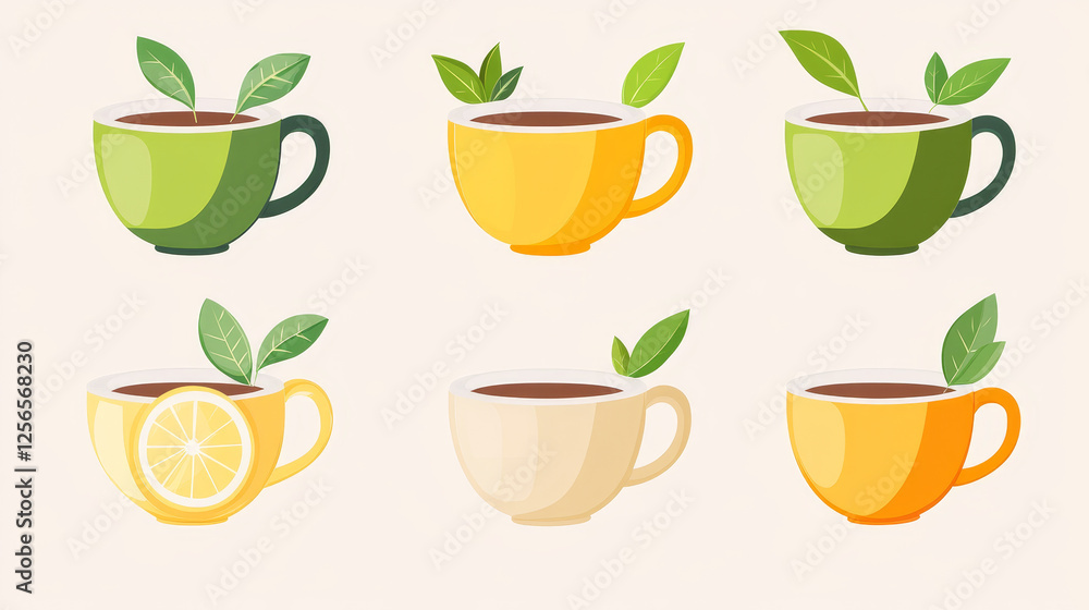 Herbal and lemon tea cup icons or symbols with green leaves for beverage design Herbal and lemon tea cup icons or symbols with green leaves for beverage design