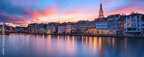 Vibrant sunset over copenhagen harbor: colorful buildings and reflections by the water