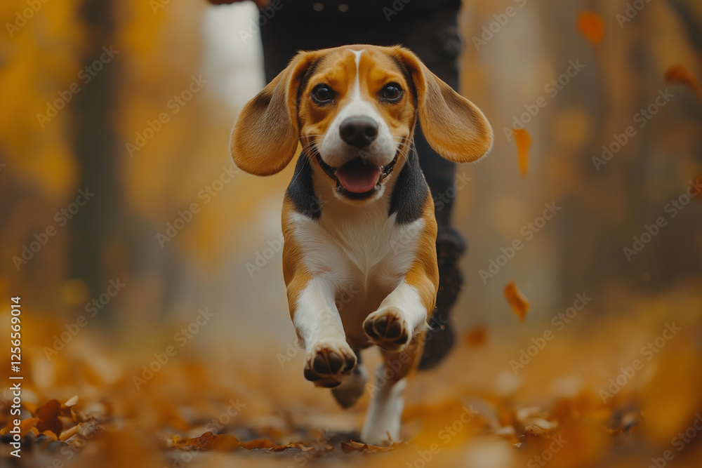 Joyful Beagle dog running through autumn park with leaves, outdoors in a happy, playful setting Joyful Beagle dog running through autumn park with leaves, outdoors in a happy, playful setting