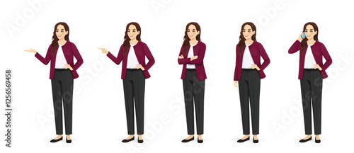 Beautiful business young woman wearing formal outfit standing half turn view different poses set. Standing, showing, pointing, talking on the phone. Isolated vector illustration.