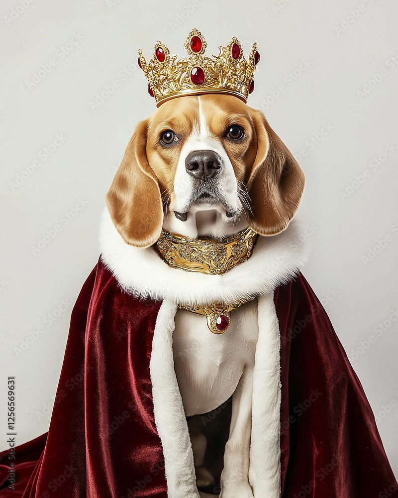 Regal Beagle Portrait with Crown and Luxurious Attire for Canine Royalty Display Regal Beagle Portrait with Crown and Luxurious Attire for Canine Royalty Display