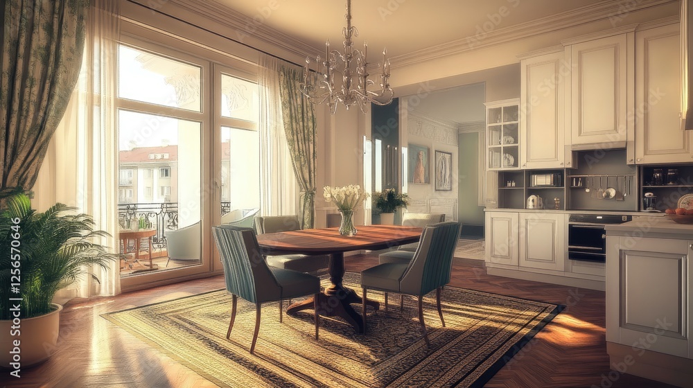 Elegant dining room with a wooden table, designer chairs, and ambient lighting.