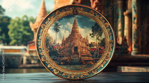 Chachoengsao Thailand province retro travel plate, plaque sign with ancient temple castle and ornament. Thai province travel luggage tag or road entry sign and sticker with landmark photo