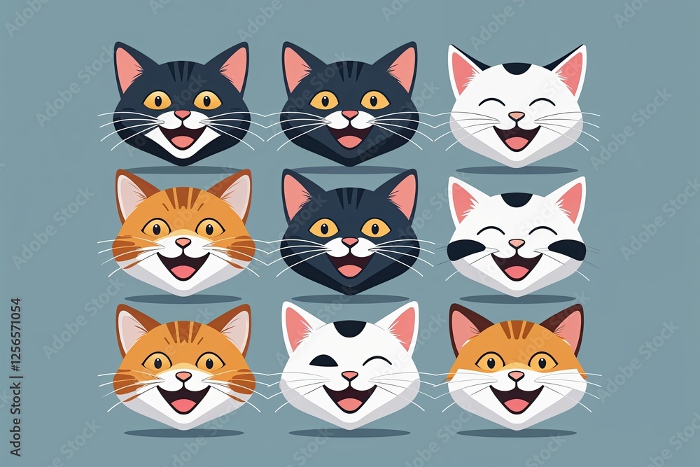 Playful Cartoon Cat Head Collection in Vibrant Flat Illustration Style Playful Cartoon Cat Head Collection in Vibrant Flat Illustration Style