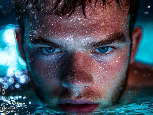 Close up of Caucasian swimmer prosthetic arm getting ready dive from starting block. Water droplets glisten on his skin as he focuses intensely bright lights. photo