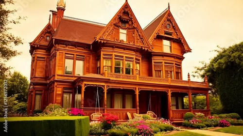 A charming Victorian house with detailed woodwork, a welcoming porch swing, and a beautiful front garden.