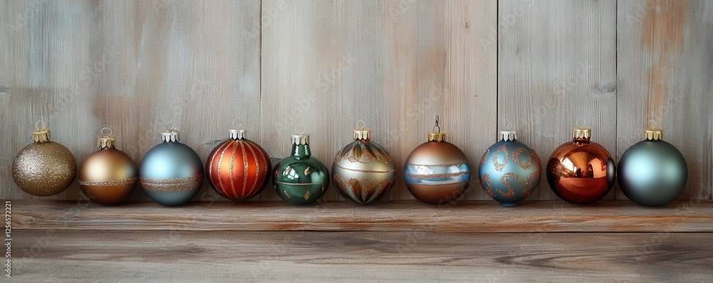 Naklejka premium Elegant array of colorful christmas ornaments on wooden background