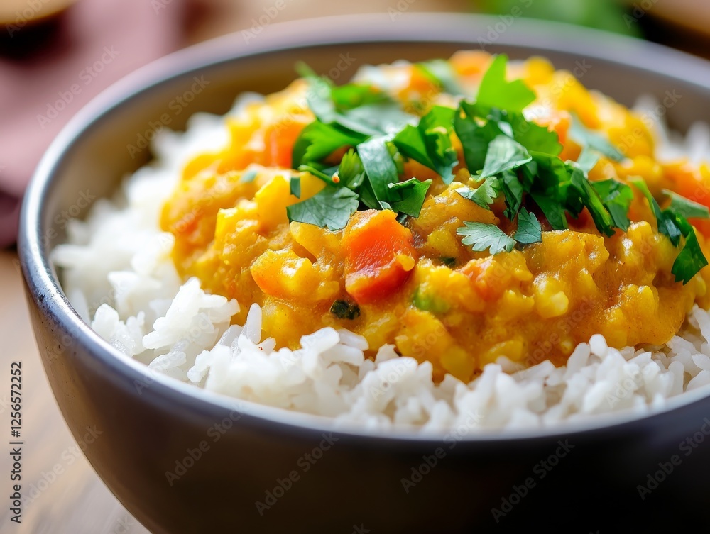 Cooked rice with curry in a bowl. Fluffy white rice topped with colorful curry in a bowl. Emphasizing flavor and international cuisine. Ideal for food blogs and recipe websites. Cooked rice with curry in a bowl. Fluffy white rice topped with colorful curry in a bowl. Emphasizing flavor and international cuisine. Ideal for food blogs and recipe websites.