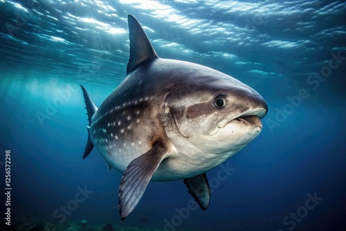 Dark grey and white striped mola mola swimming in the open ocean, marine life, large fish, pelagic fish