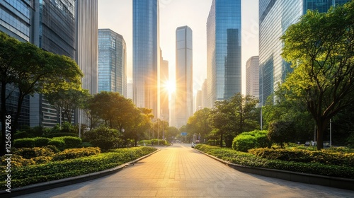 A city street at sunrise showcasing broad curb lanes and well-spaced lanes.