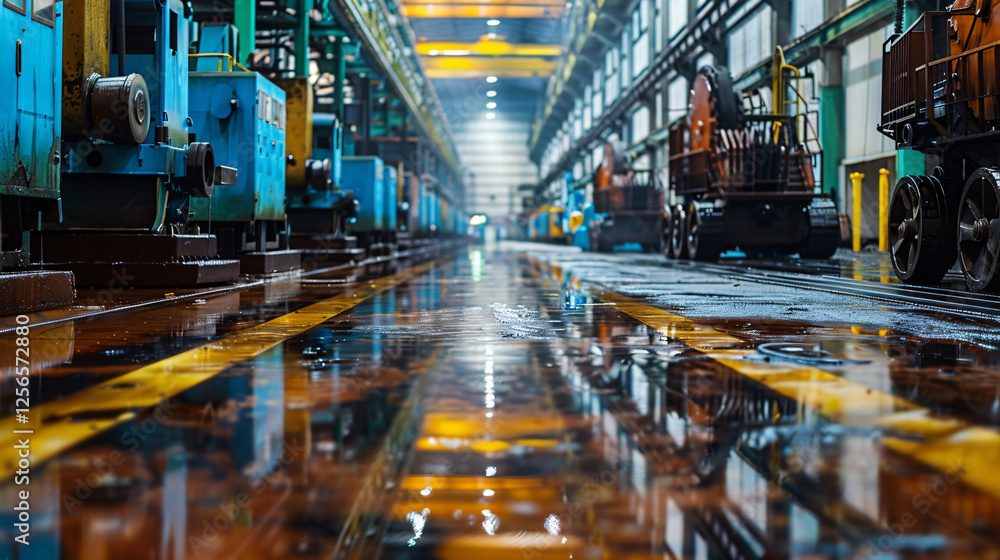 A polished, clean ironworks floor with neatly arranged machinery, reflecting a calm yet powerful atmosphere in an industrial setting. A polished, clean ironworks floor with neatly arranged machinery, reflecting a calm yet powerful atmosphere in an industrial setting.