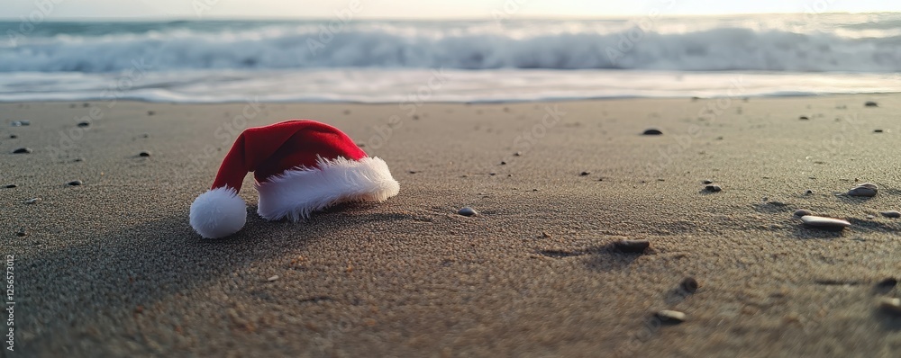 Red santa hat on sandy beach with ocean waves in background