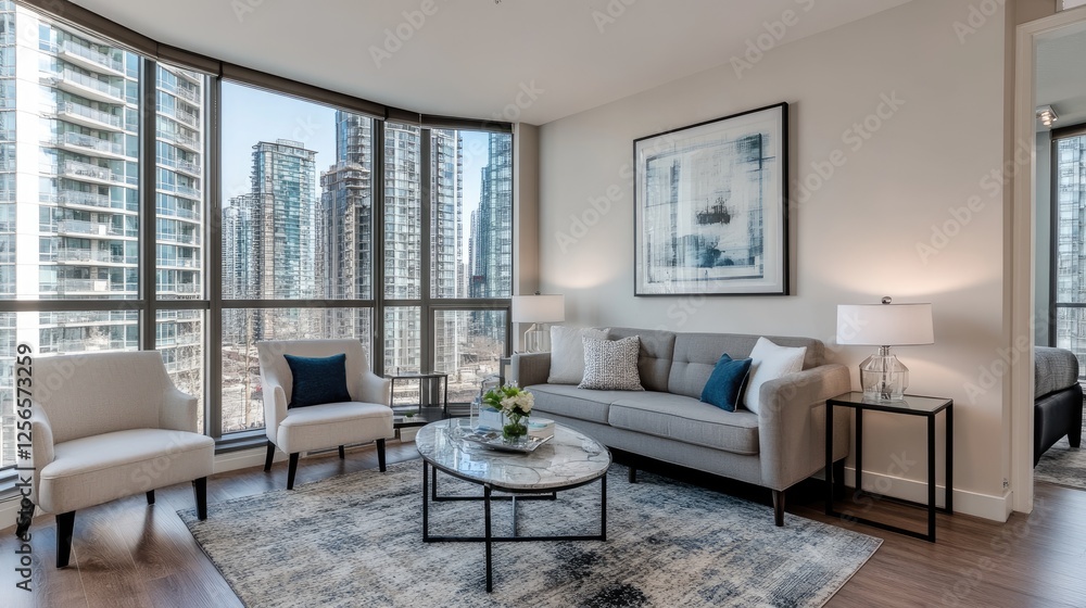 Fototapeta premium Luxury apartment with high-end furnishings and floor-to-ceiling windows.