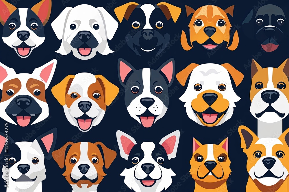 Obraz premium Lively Collection of Cheerful Dog Face Icons in Bold Flat Design