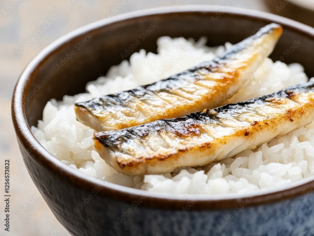 Cooked rice with fish in a bowl. Steamed white rice served with grilled fish in a ceramic bowl. Emphasizing flavor and healthy eating. Ideal for food blogs and health recipes. Cooked rice with fish in a bowl. Steamed white rice served with grilled fish in a ceramic bowl. Emphasizing flavor and healthy eating. Ideal for food blogs and health recipes.