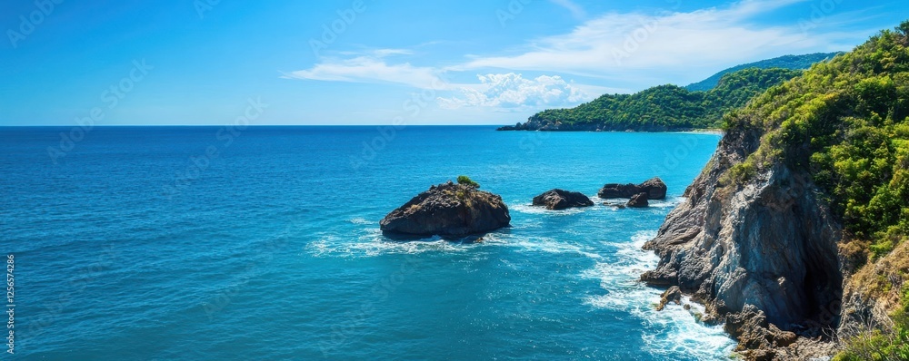 Scenic rocky coastline with clear blue sea and lush green hills on a sunny day Scenic rocky coastline with clear blue sea and lush green hills on a sunny day