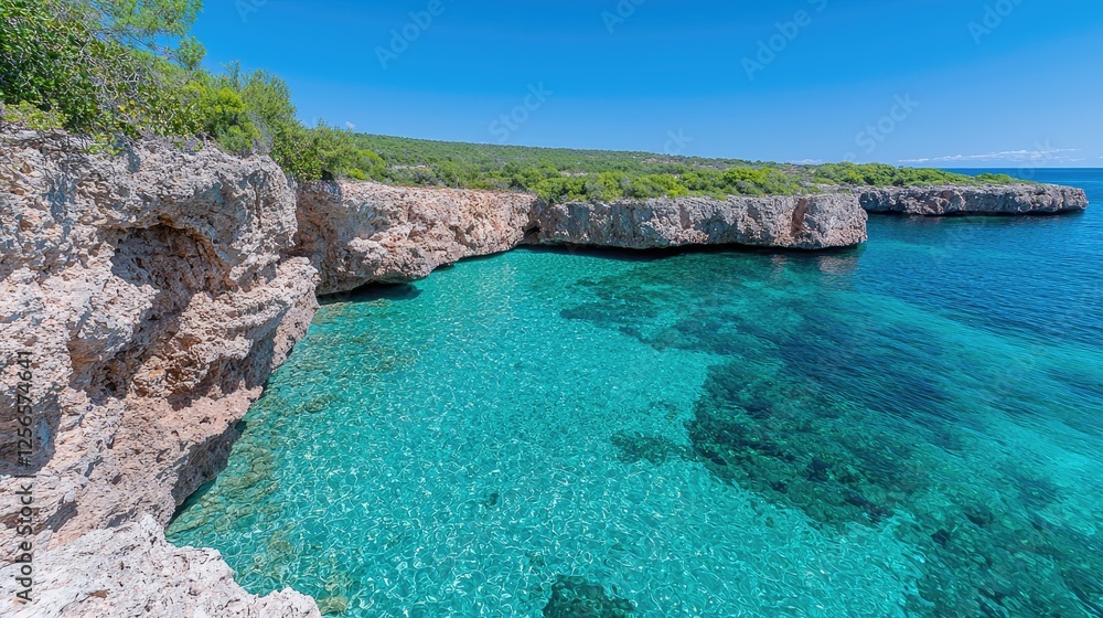 Obraz premium Turquoise Cove, Rocky Cliffs, Sunny Day, Scenic View, Perfect Vacation Spot