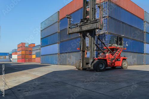 A forklift in a warehouse containing transport equipment and cargo containers