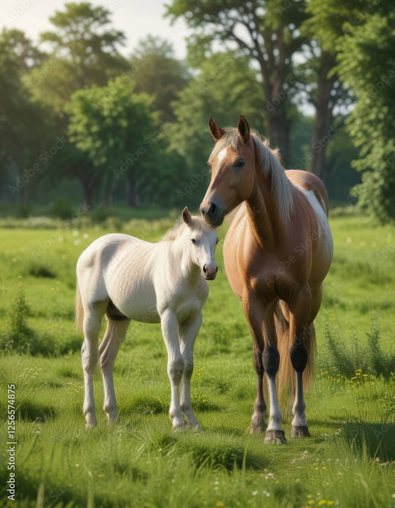 Foal standing alone in lush green meadow with mother unicorn mare grazing nearby, mare, peaceful Foal standing alone in lush green meadow with mother unicorn mare grazing nearby, mare, peaceful