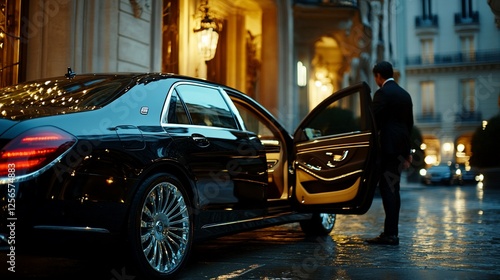 Chauffeur opening car door, luxury hotel, Paris, night