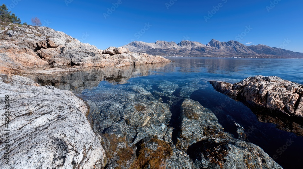 Clear Water Reflecting Mountains, Rocky Shore, Tranquil Scenery Clear Water Reflecting Mountains, Rocky Shore, Tranquil Scenery