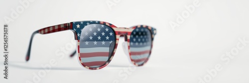 Patriotic sunglasses with playful mood reflecting American flag against plain background