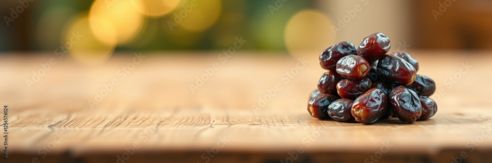 Fototapeta premium Dried dates in a warm setting with an inviting mood stacked on a wooden table
