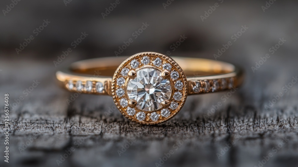 Romantic engagement ring set with diamonds on a rustic wooden surface. Romantic engagement ring set with diamonds on a rustic wooden surface.