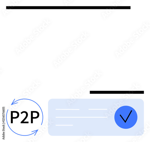P2P transaction confirmation with circular arrows and large checkmark on a blue rectangular form. Ideal for finance, banking, online payments, peer-to-peer services, digital transactions, fintech