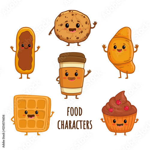 set of cartoon food characters isolated on white. Cup of coffee, Viennese waffle , cupcake, croissant and cookie, eclair in flat style. Vector illustration