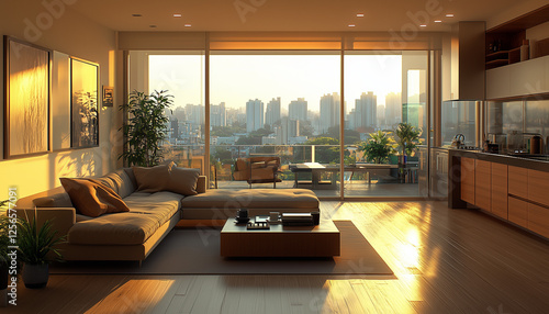 Modern living room with a sofa and coffee table, a kitchen area in the background, the interior design of a modern apartment, a minimalist style, a city view outside the window, hyper-realistic.