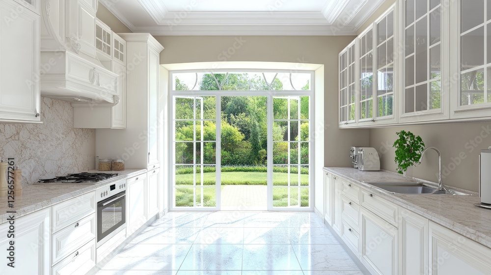 Fototapeta premium Spacious kitchen with marble countertops, modern appliances, and natural light.